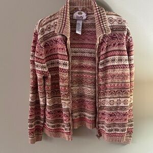 Tiara Pink Cream Patterned Zip-Front Cardigan Sweater